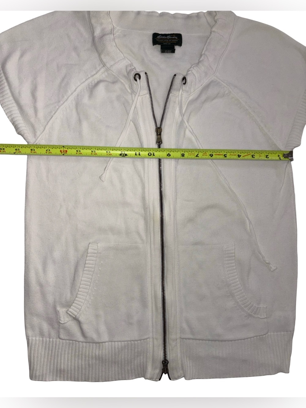 Eddie Bauer White Zip Front Short Sleeve Sweater Jacket Drawstring Neck Size L - Picture 6 of 6